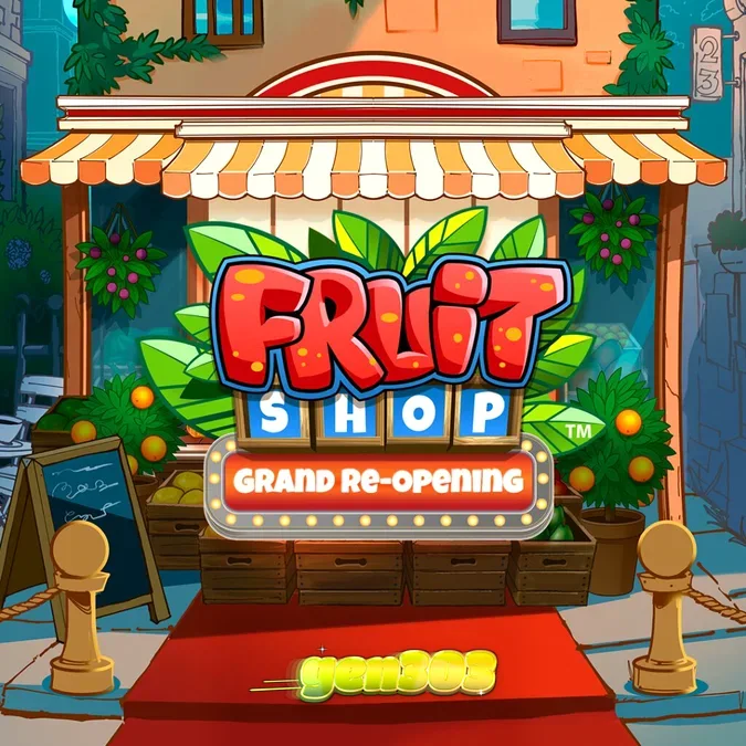 Tampilan visual ceria dari slot Fruit Shop Grand Re-Opening dengan simbol buah segar.